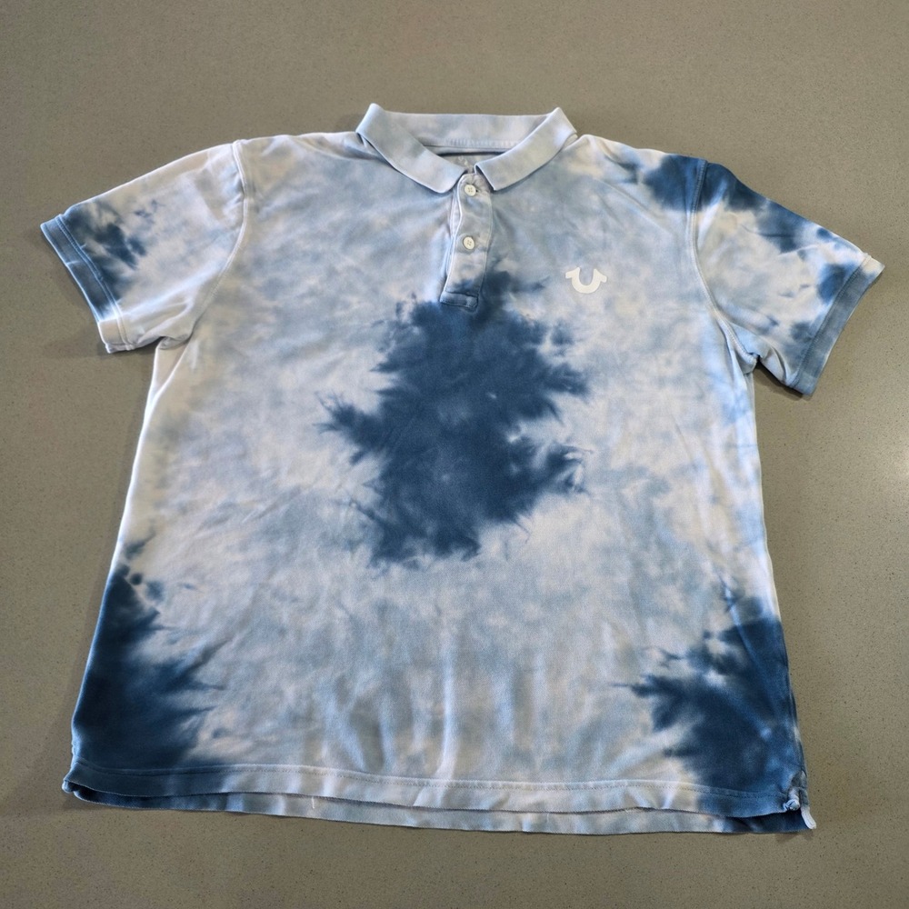 True Religion Mens Blue Tie Dye‎ World Tour Logo Polo Shirt Size Large